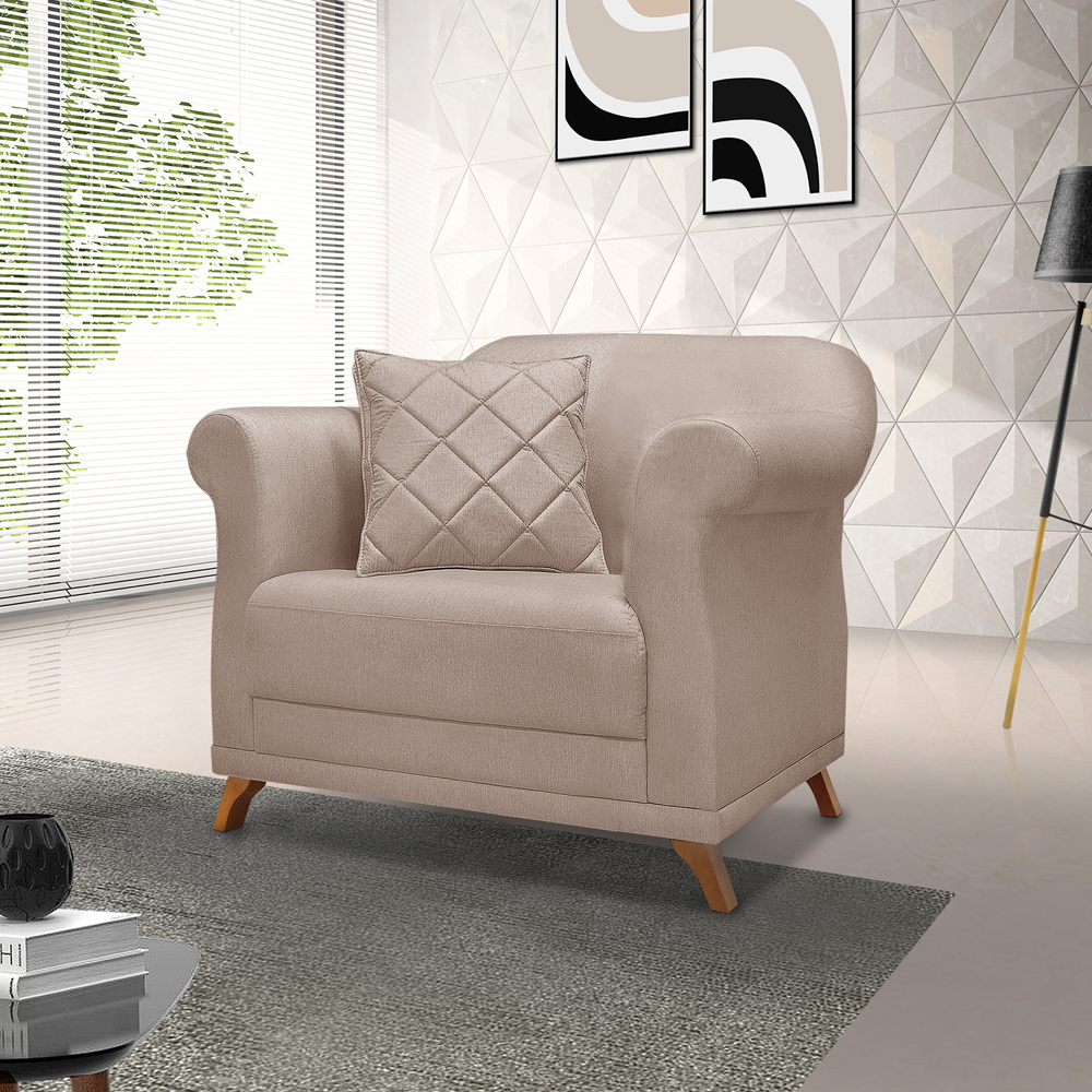 Poltrona Decorativa Retro Polo Com Almofada Linho Areia Ezz
