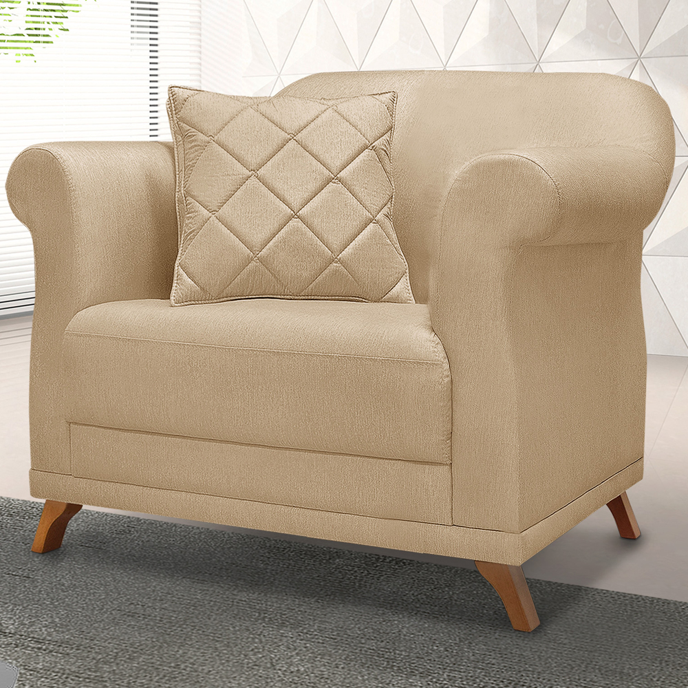 Poltrona Decorativa Retro Polo Com Almofada Linho Dourado Ezz