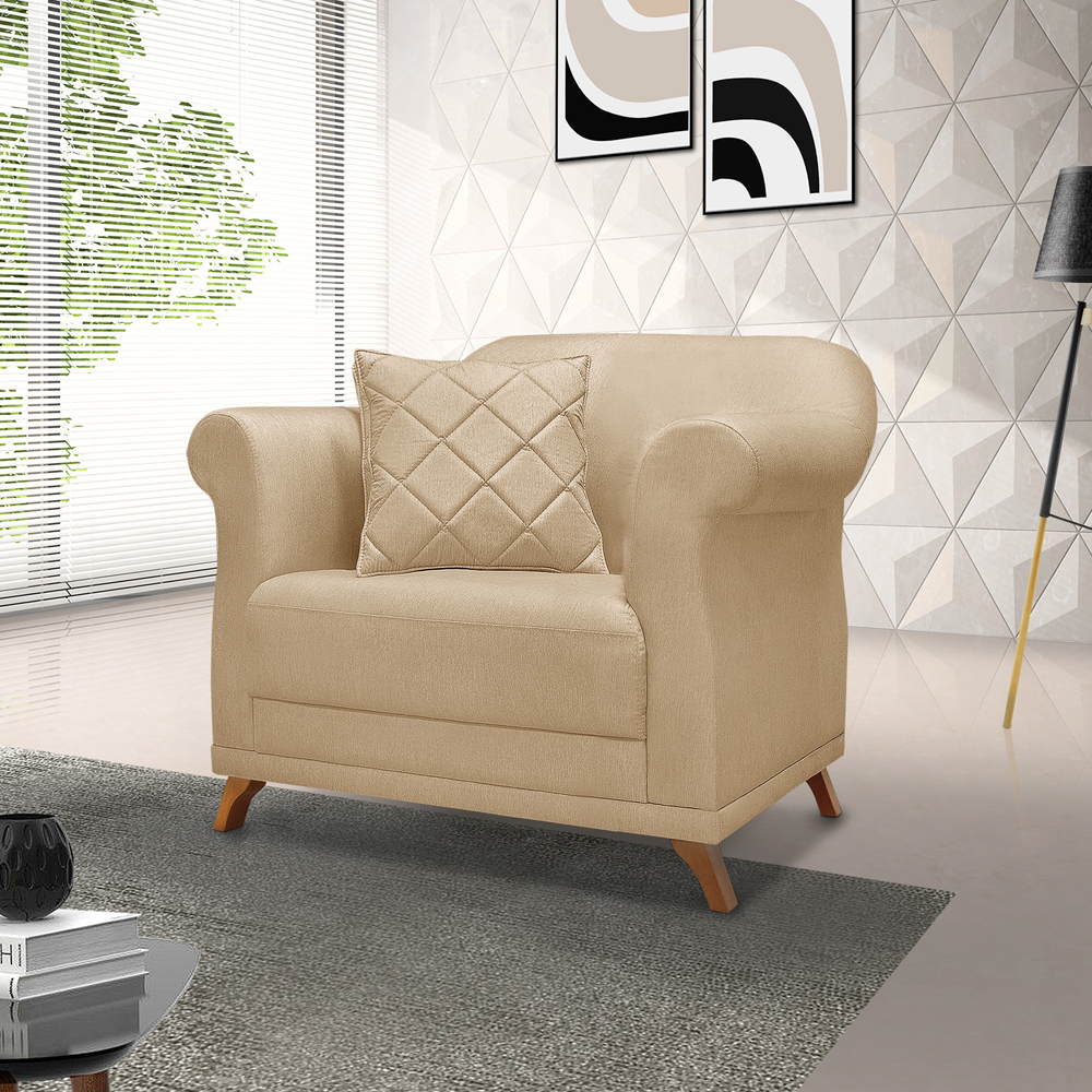 Poltrona Decorativa Retro Polo Com Almofada Linho Dourado Ezz