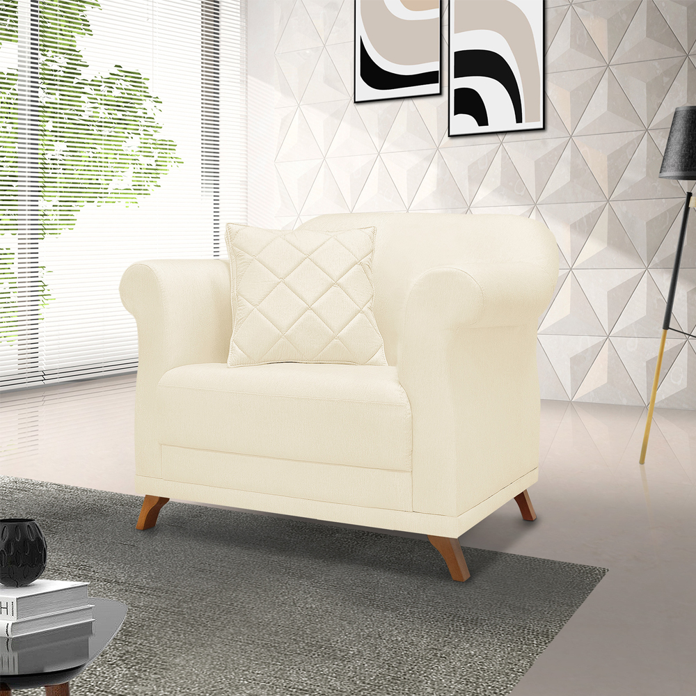 Poltrona Decorativa Retro Polo Com Almofada Linho Perola Ezz
