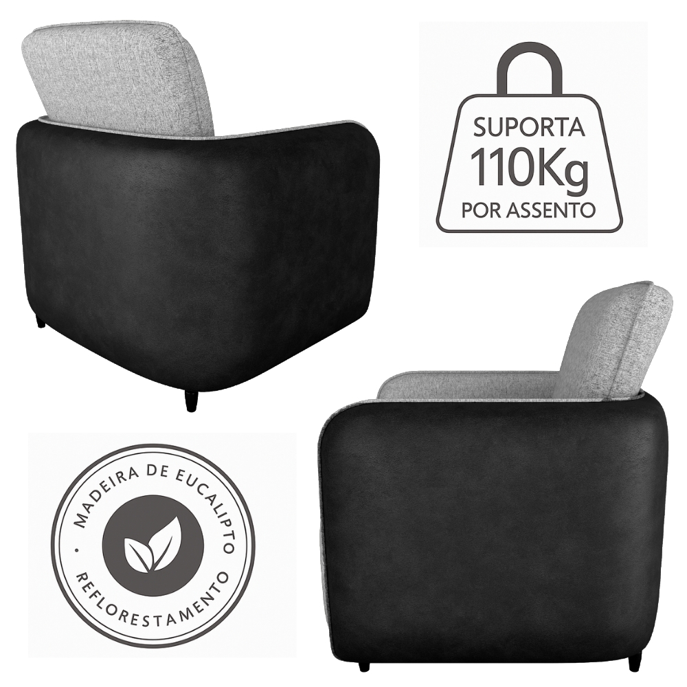 Poltrona Decorativa Zuquire 76 cm Linho Vancouver Bege Corino Preto Milani Store