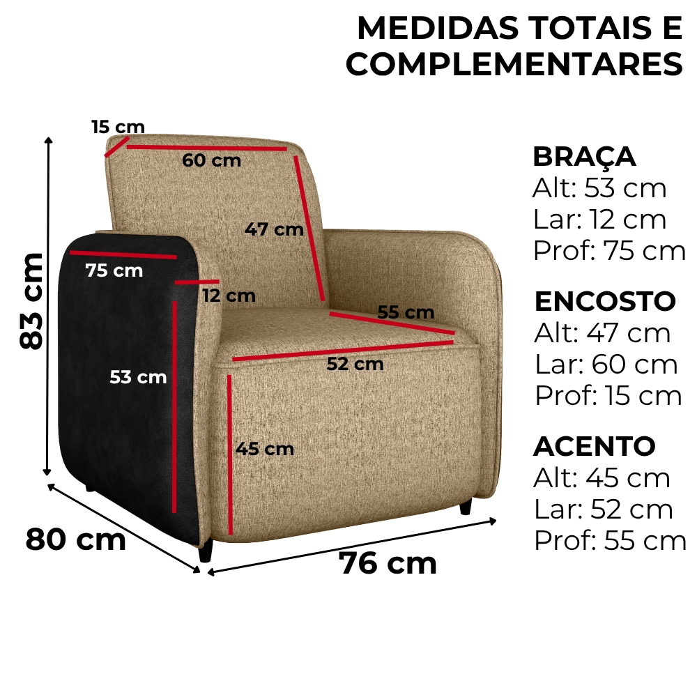Poltrona Decorativa Zuquire 76 cm Linho Vancouver Palha Corino Preto Milani Store