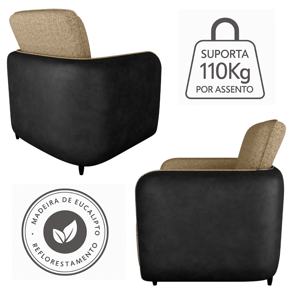 Poltrona Decorativa Zuquire 76 cm Linho Vancouver Palha Corino Preto Milani Store