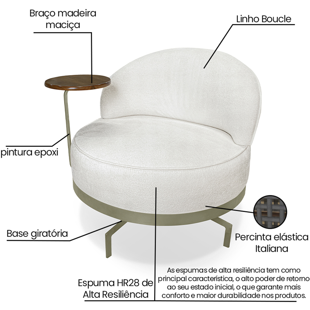 Poltrona Giratoria Glamour 704 Organica Linho Boucle 3300 Ezz