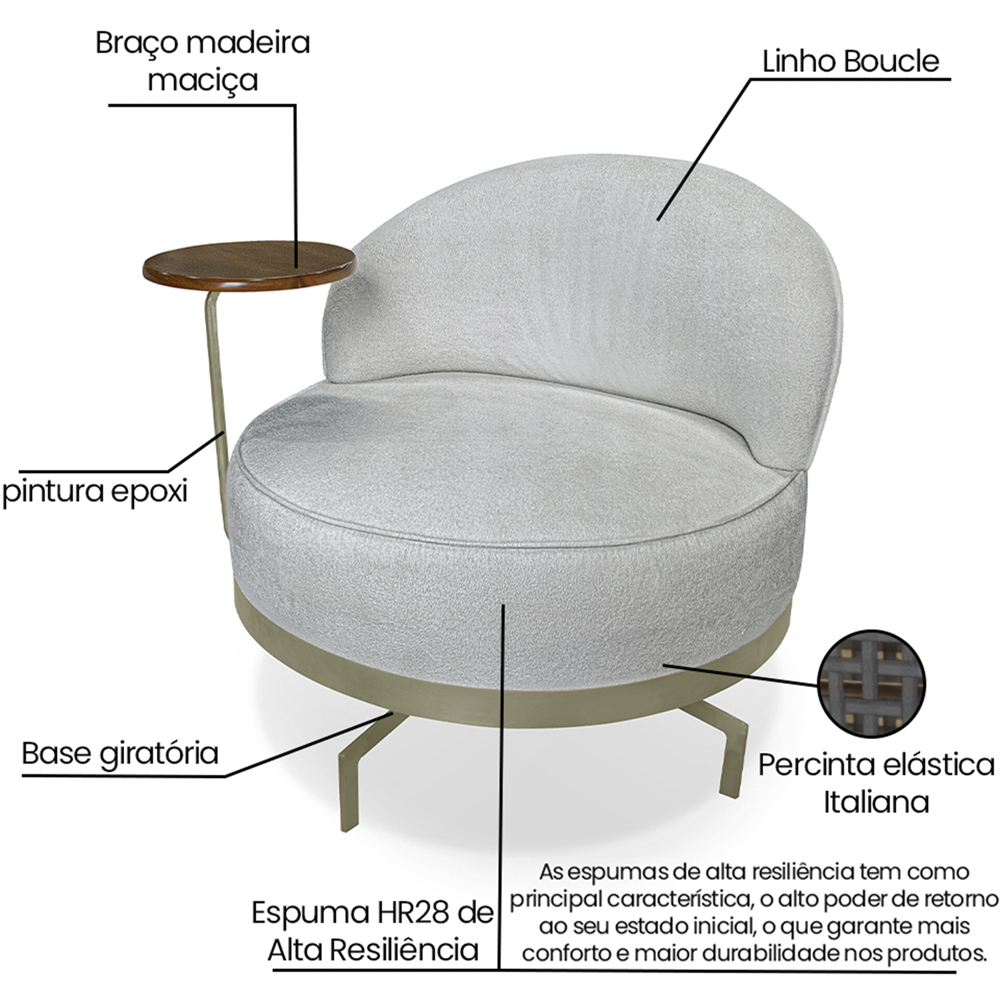 Poltrona Giratoria Glamour 704 Organica Linho Boucle 3302 Ezz