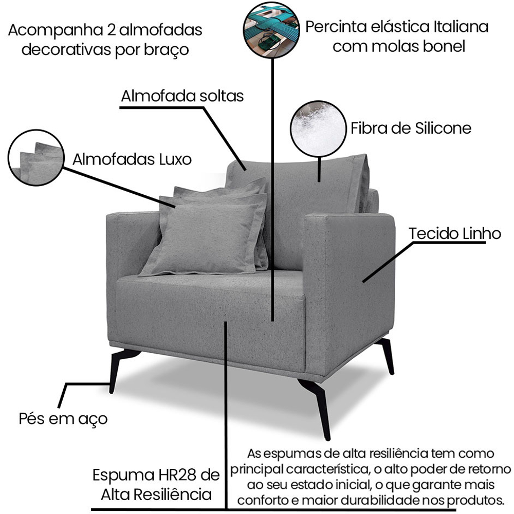 Poltrona Sala De Estar Liv 1 Lugar Pes Aço Linho Cinza Ezz