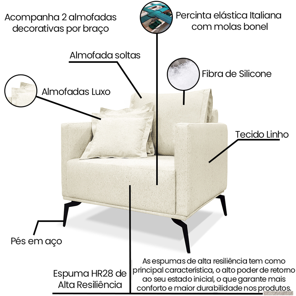 Poltrona Sala De Estar Liv 1 Lugar Pes Aço Linho Natural Ezz