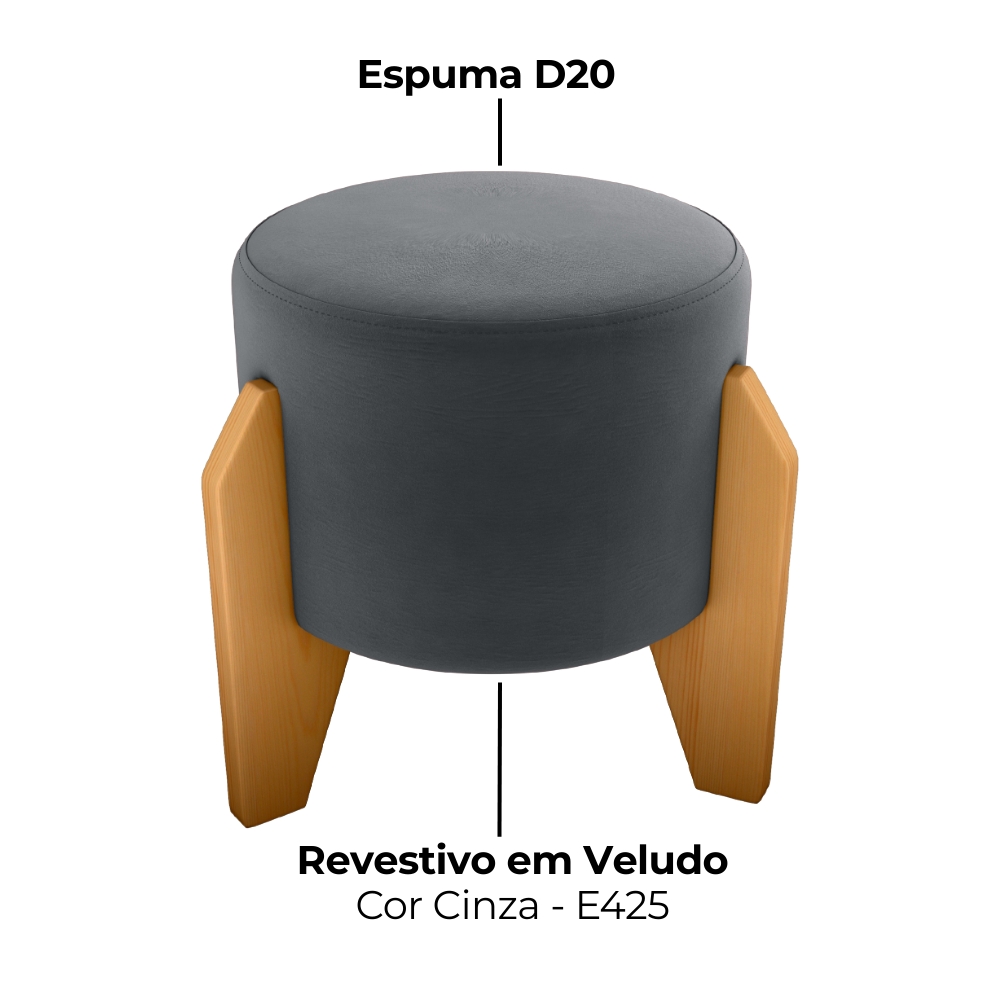 Puff Decorativo Para Sala Luxo 44x44 cm Veludo Cinza Milani Store