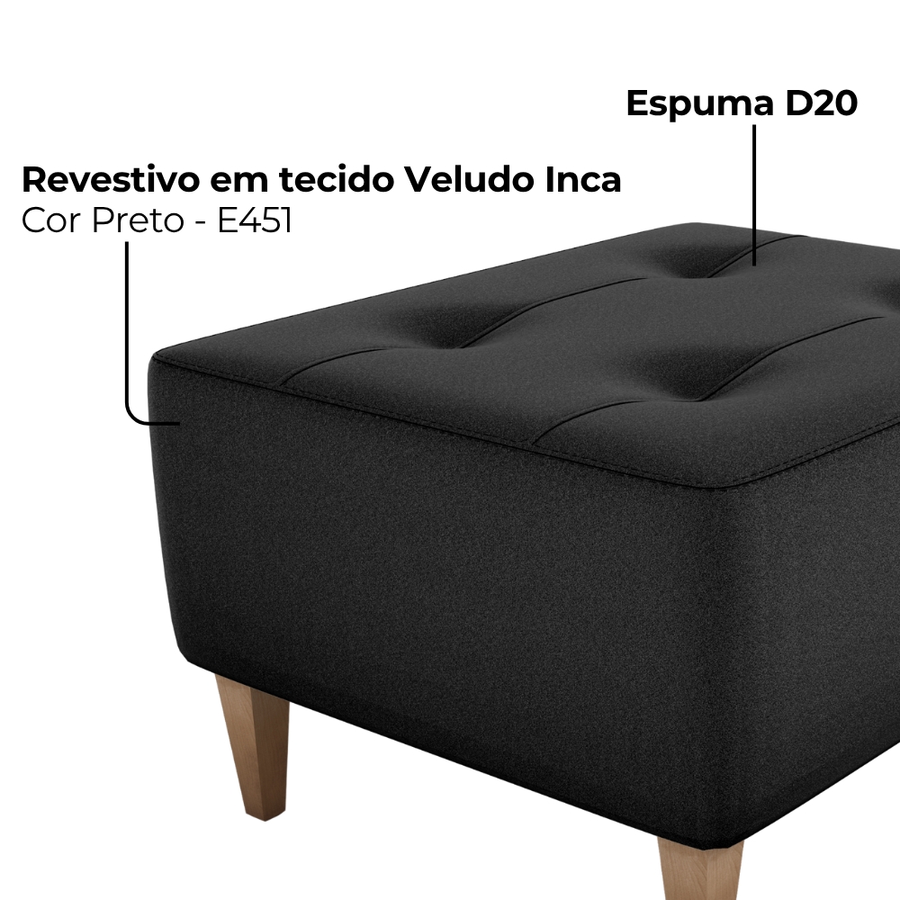 Puff Decorativo Para Sala Piva 62x52 cm Veludo Inca Preto Milani Store