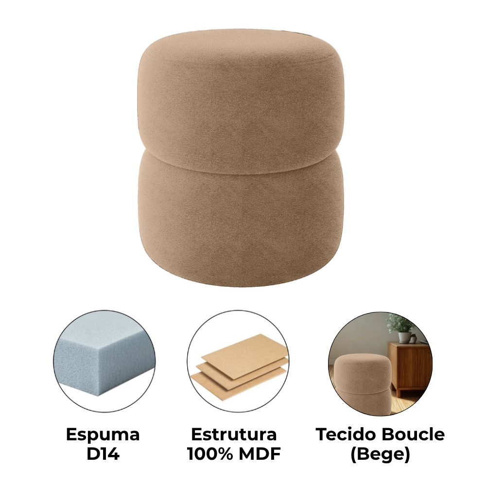 Puff Redondo Decorativo 49X43 cm Paris Boucle Bege Milani Store
