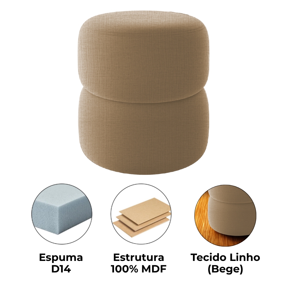 Puff Redondo Decorativo 49X43 cm Paris Linho Bege Milani Store