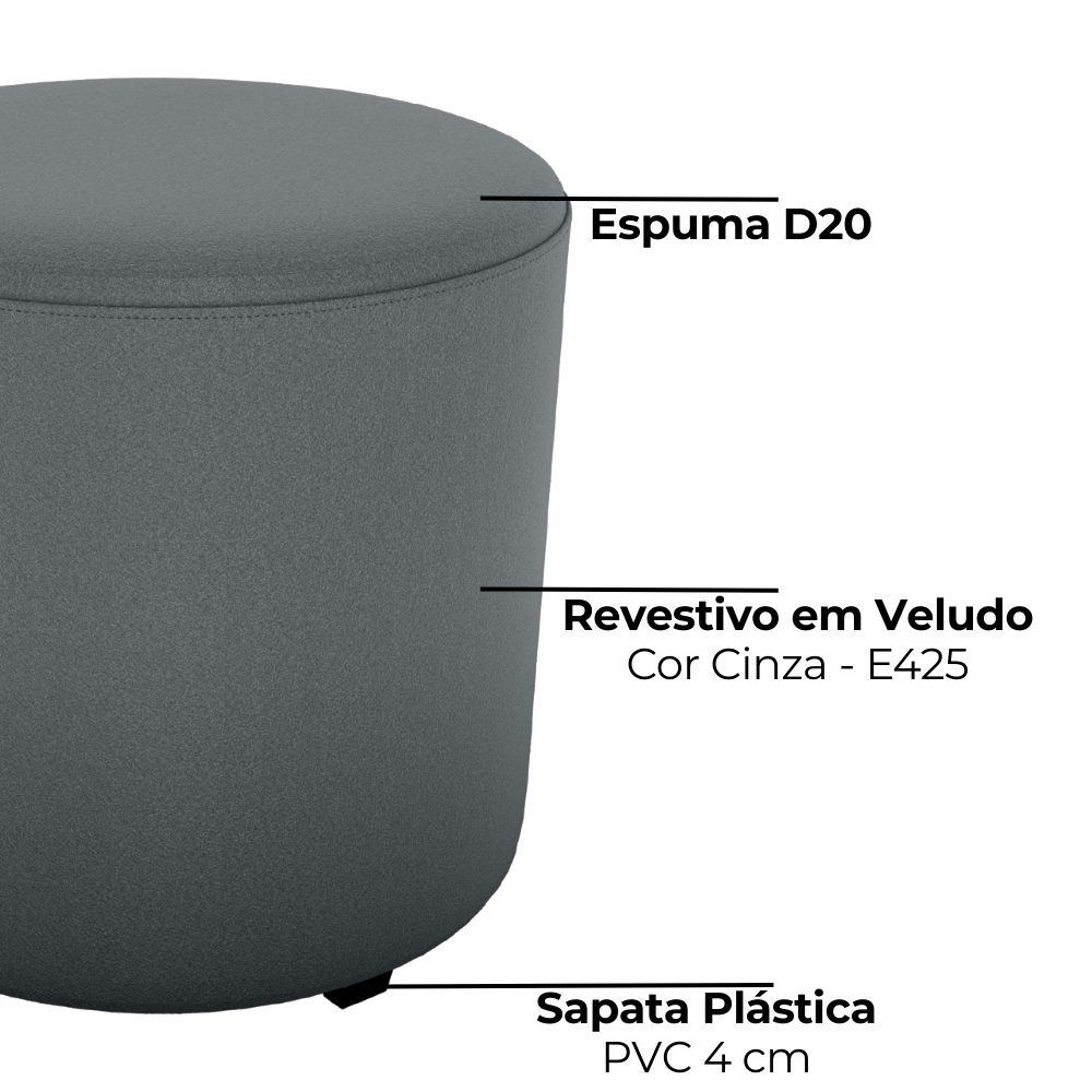 Puff Redondo Decorativo Copenhage 43x43 cm Veludo Cinza Milani Store