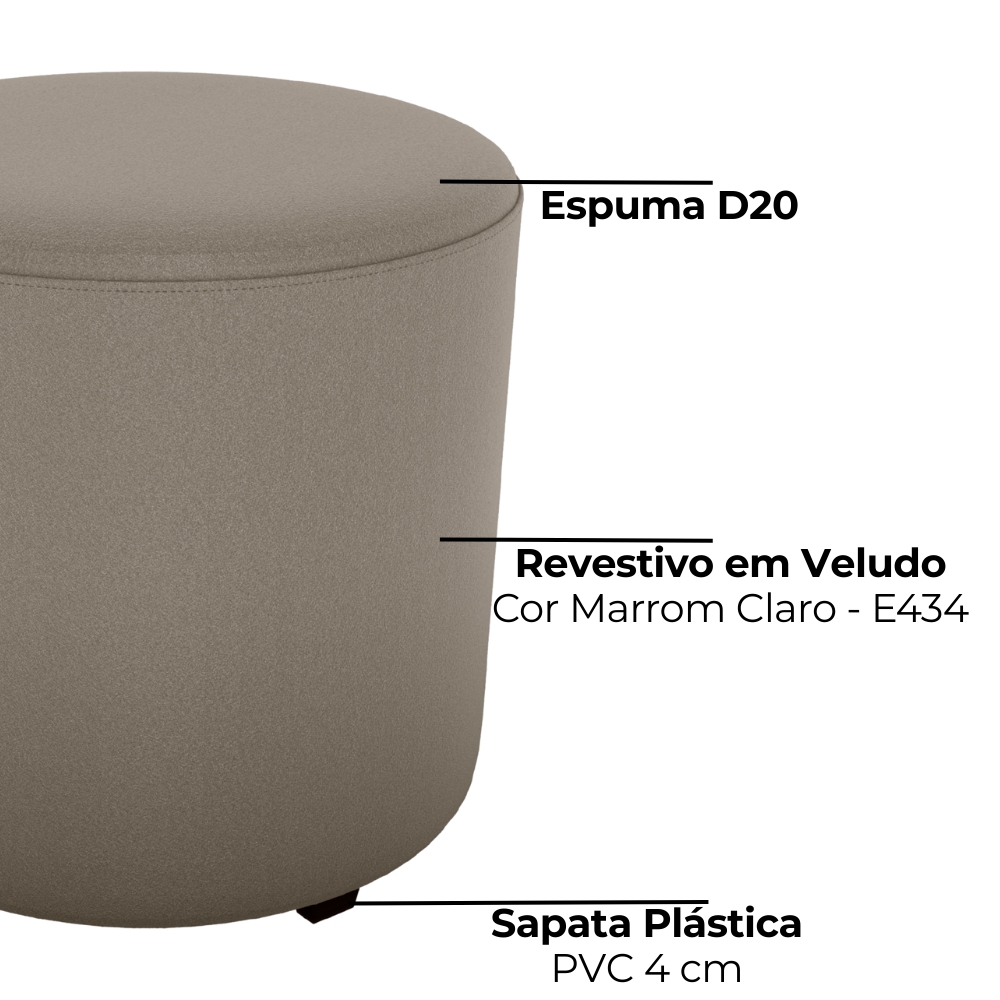 Puff Redondo Decorativo Copenhage 43x43 cm Veludo Marrom Claro Milani Store