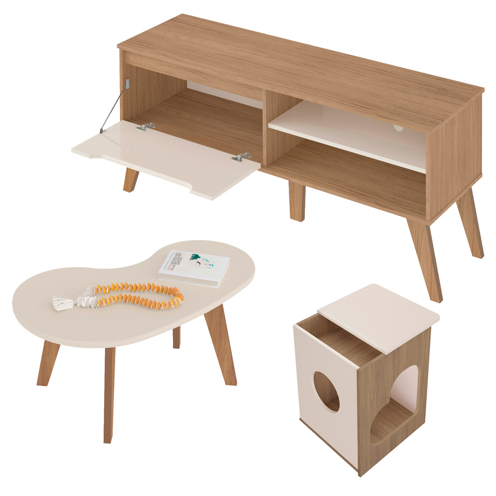 Rack 60 Pol Mesa Centro e Apoio Sala LOP4 Carvalho Off White ARLY
