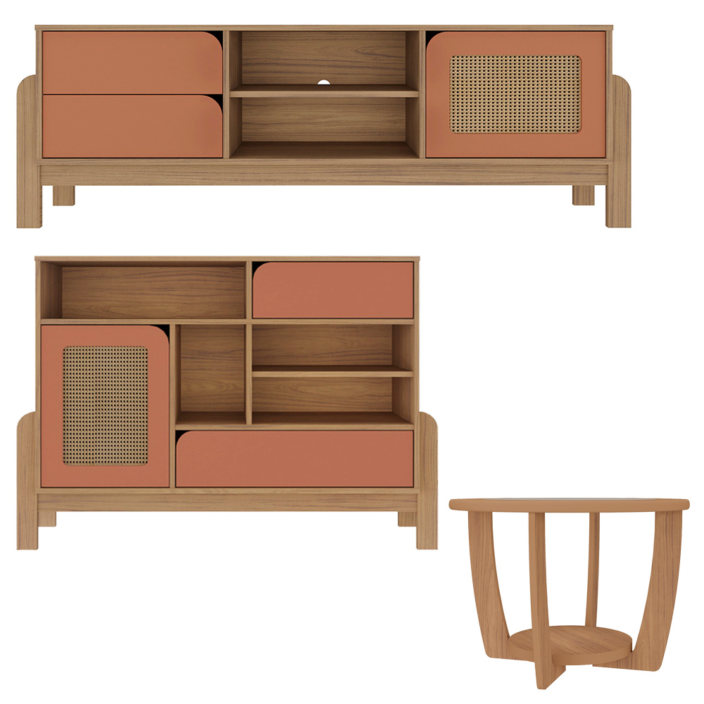 Rack 75 Pol Buffet e Mesa de Centro NAC4 Carvalho Terracota ARLY