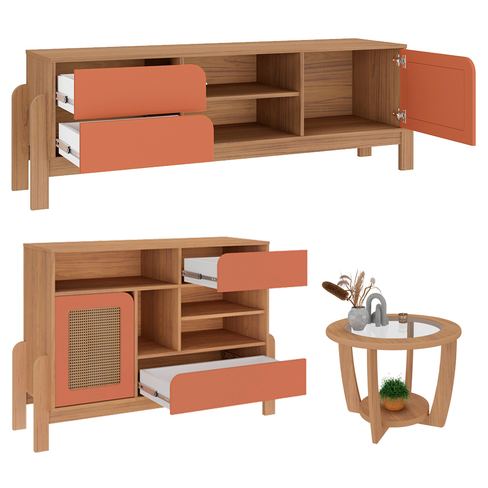 Rack 75 Pol Buffet e Mesa de Centro NAC4 Carvalho Terracota ARLY