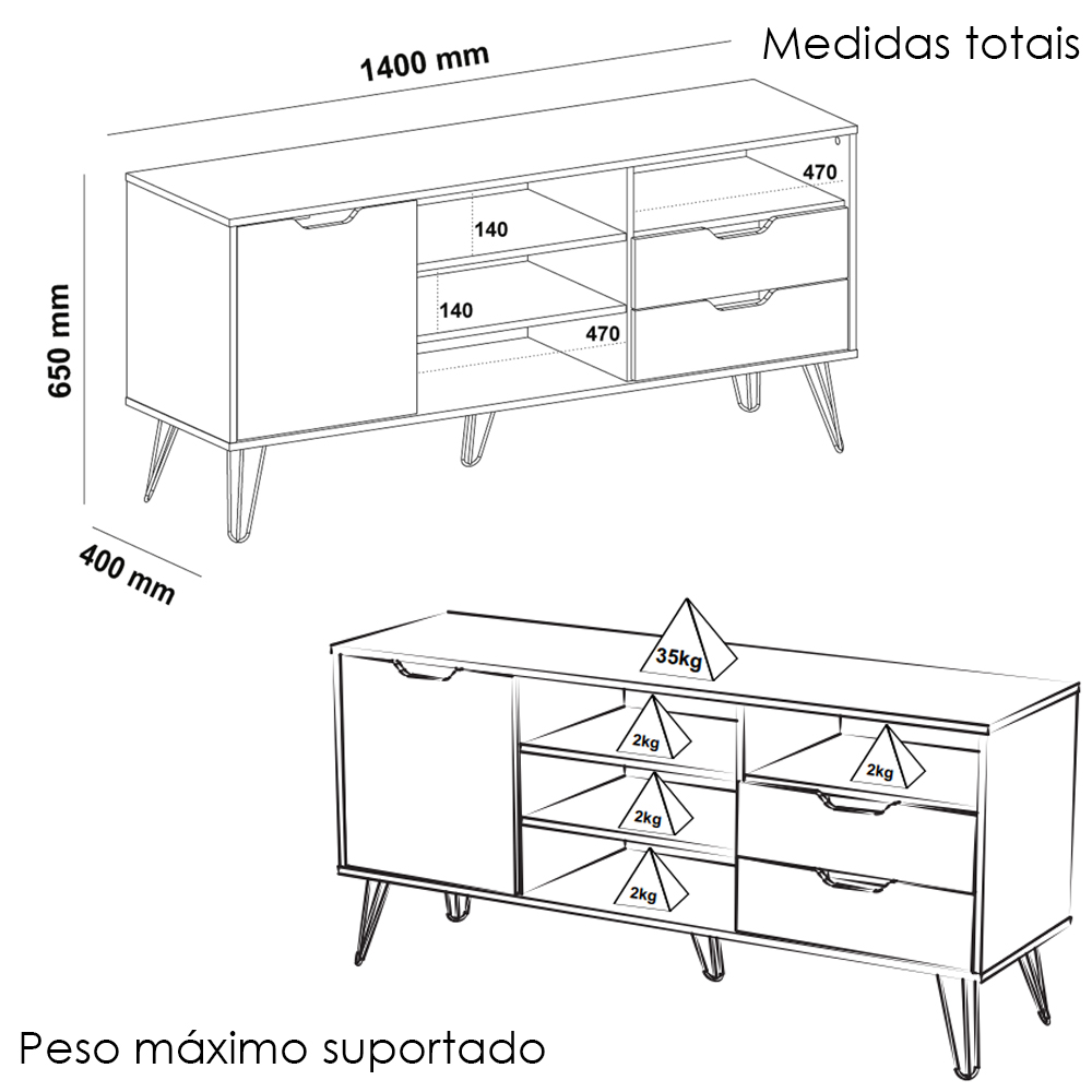 Rack Bancada TV 60 Pol 140 cm Grafite Prata Branco Carvalho ARLY