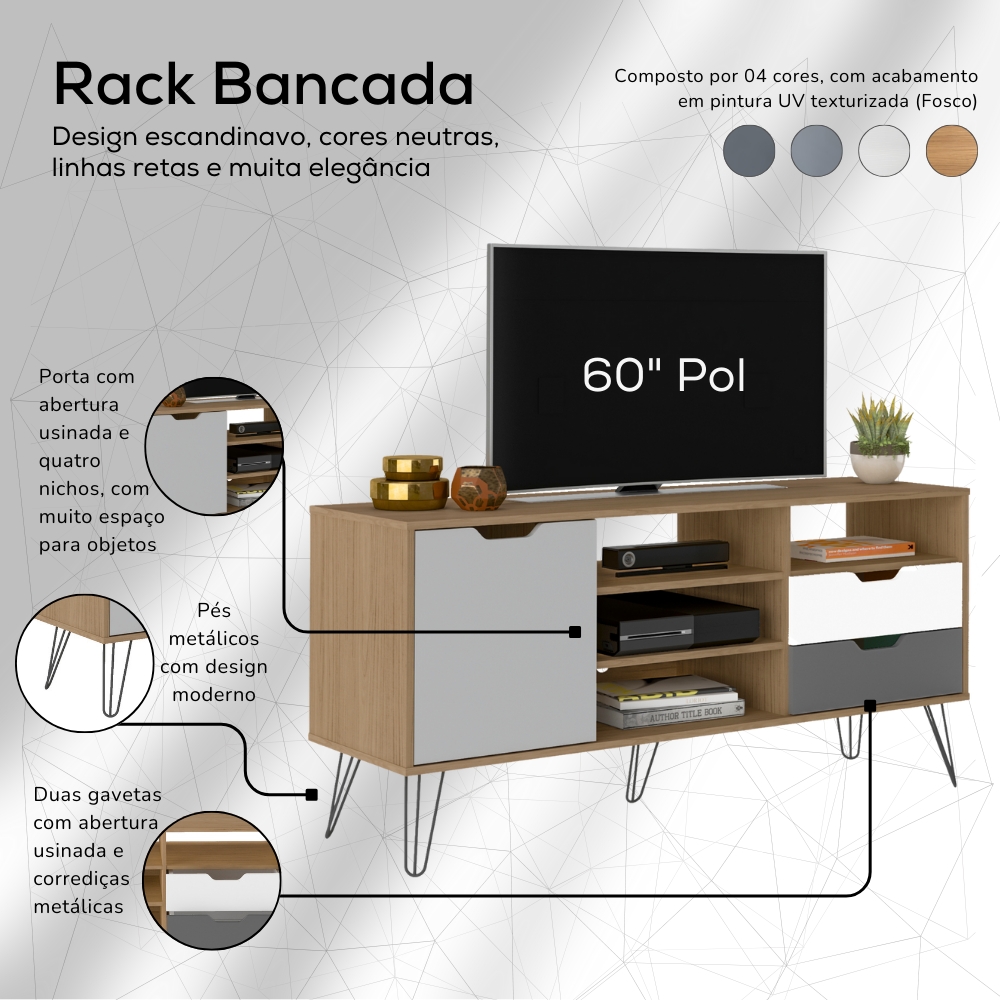 Rack Bancada TV 60 Pol 140 cm Grafite Prata Branco Carvalho ARLY