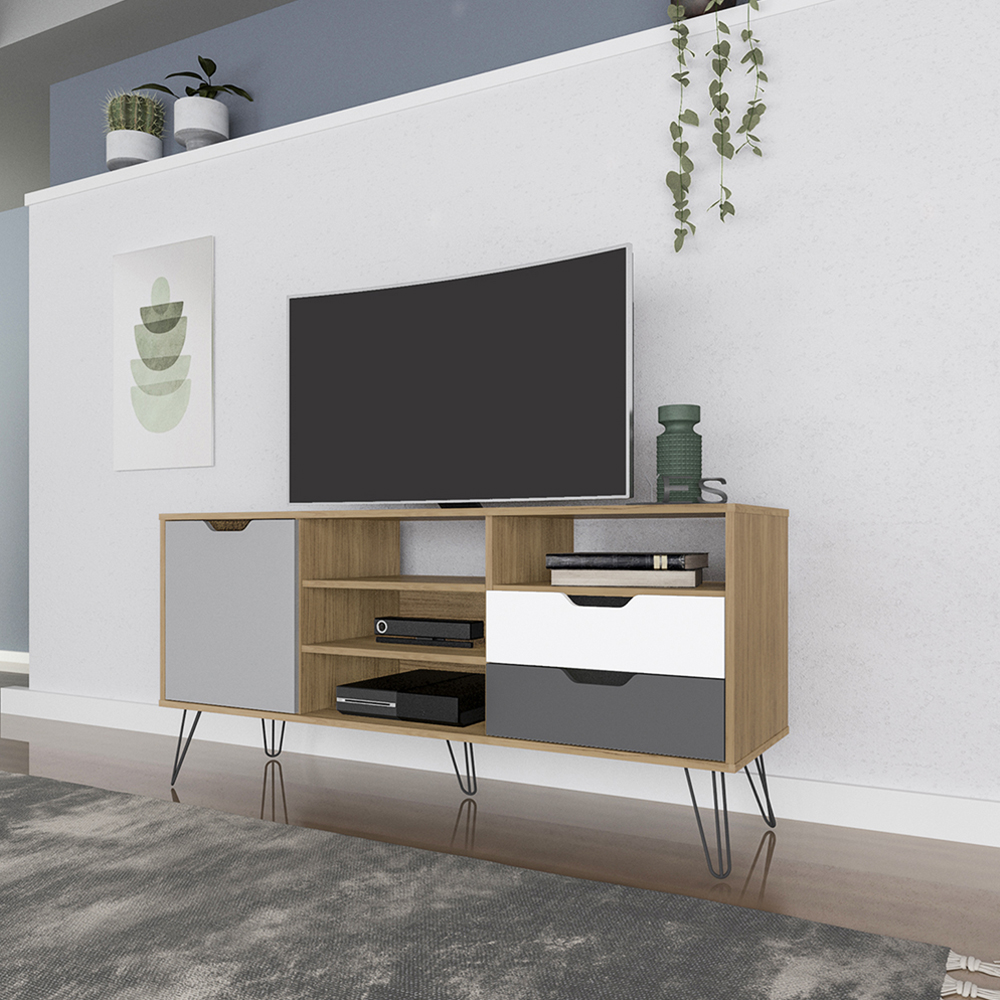 Rack Bancada TV 60 Pol 140 cm Grafite Prata Branco Carvalho ARLY
