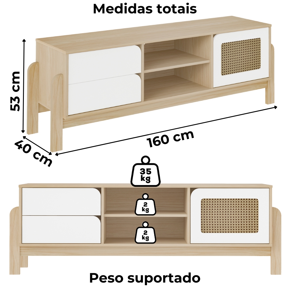 Rack Bancada Tv 65 Pol Nature 160 cm Branco Naturale ARLY