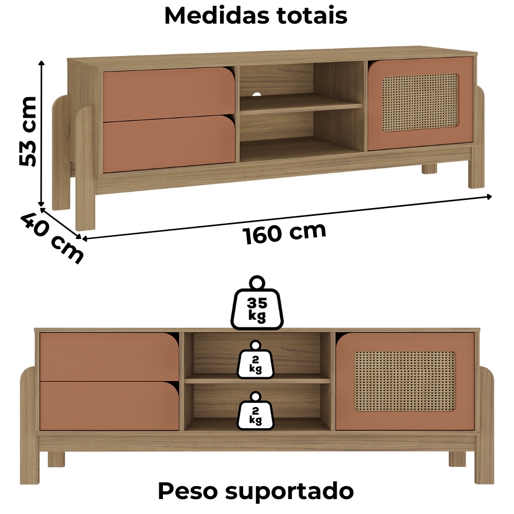 Rack Bancada Tv 65 Pol Nature 160 cm Carvalho Terracota ARLY