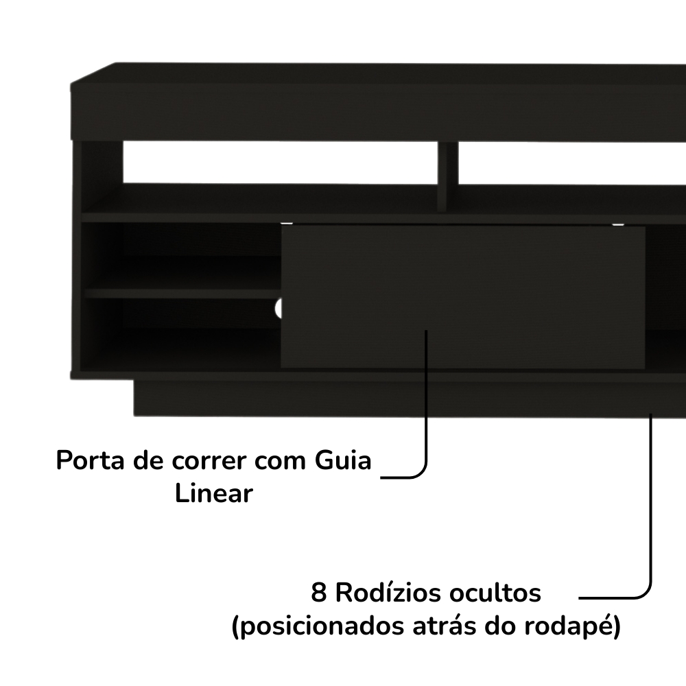 Rack Bancada Tv 75 Pol 180 cm 1P De Correr Preto ARLY
