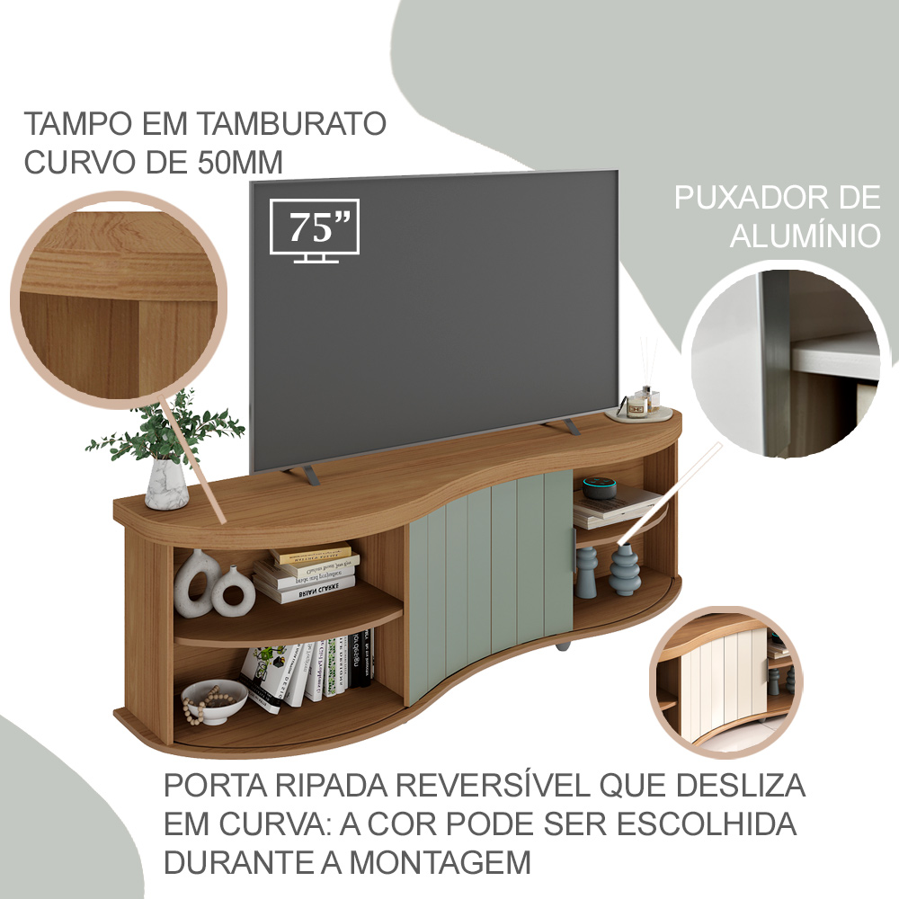 Rack Bancada Tv 75 Pol 180 cm 4700 Carvalho Off White Menta ARLY