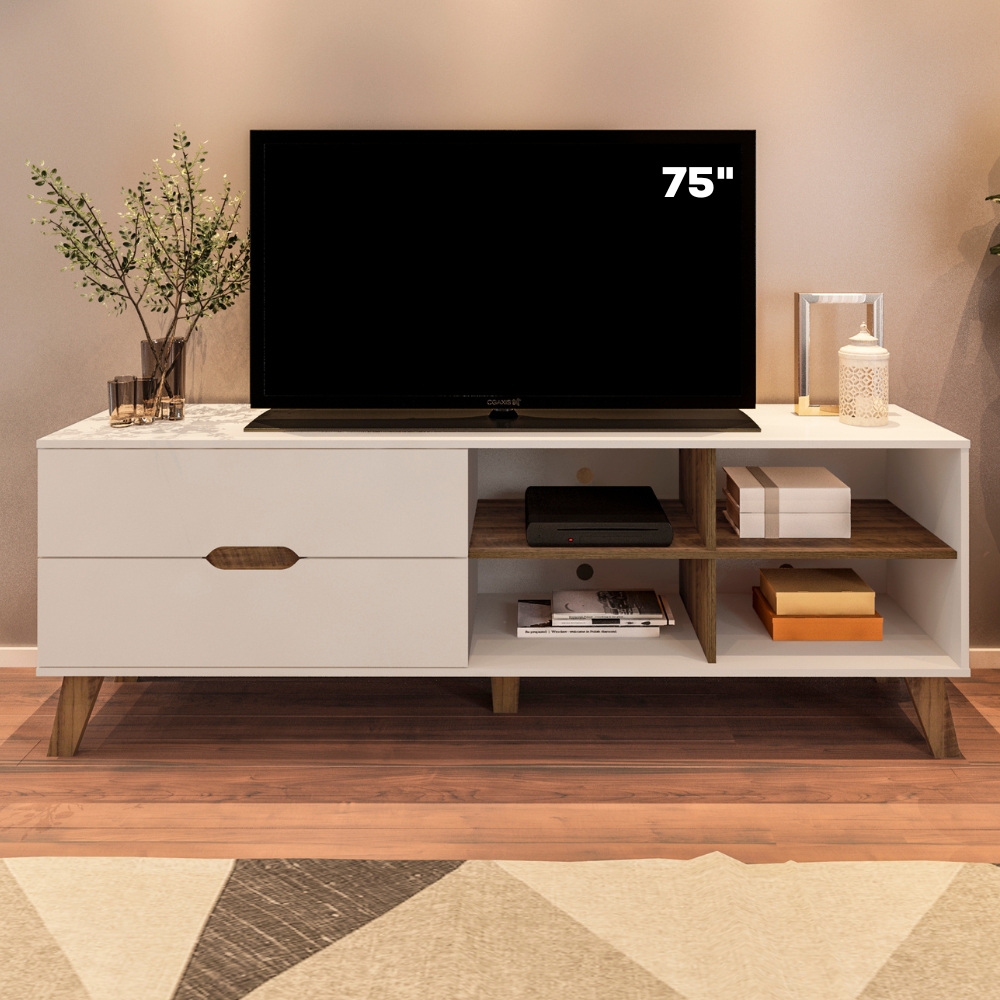 Rack Bancada Tv 75 Pol MDF 2 Gavetas Cedro Off White ARLY