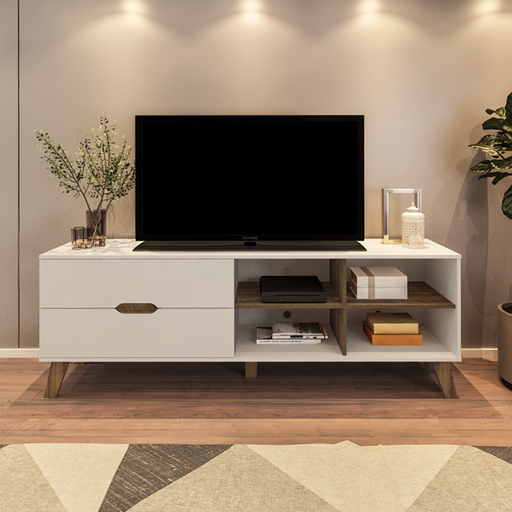 Rack Bancada Tv 75 Pol MDF 2 Gavetas Cedro Off White ARLY