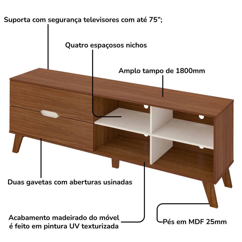 Rack Bancada Tv 75 Pol MDF 2 Gavetas Off White Pinho ARLY