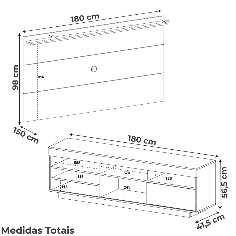 Rack Com Painel TV 75 POL Aparador E Mesa De Centro Preto ARLY