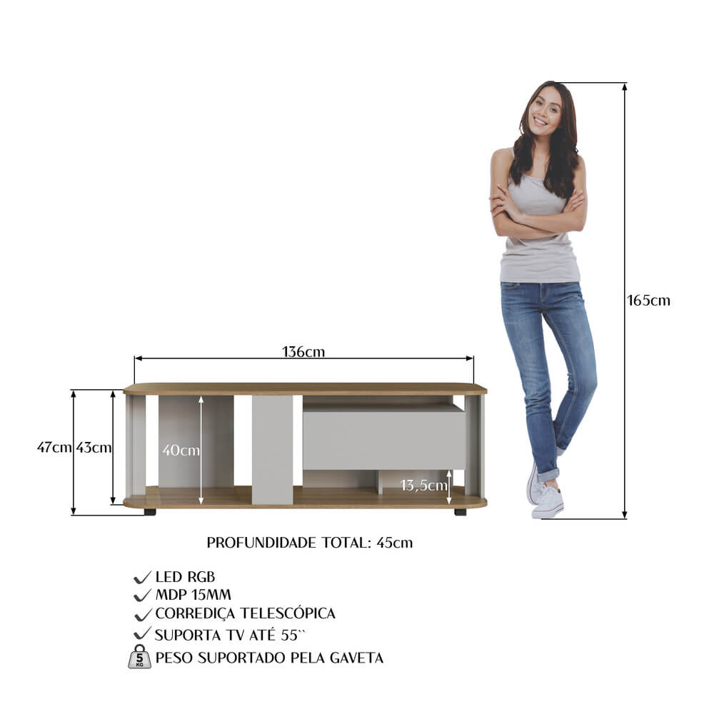 Rack Moderno Com LED 01 Gaveta 136cm Mel Arenas PRODDY