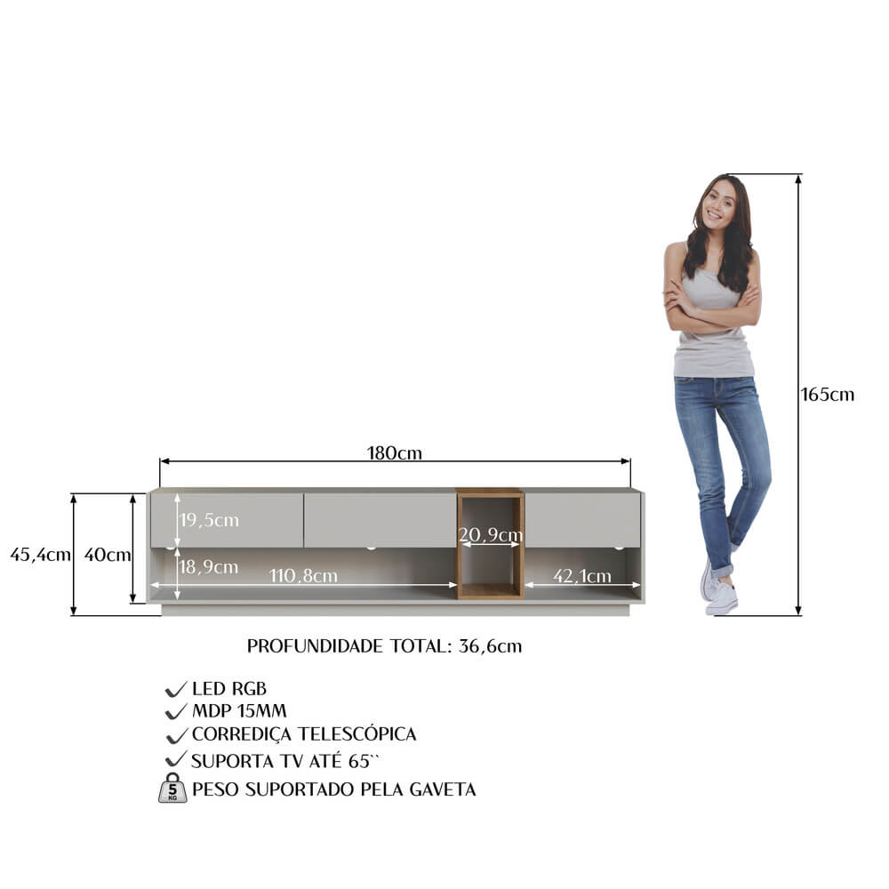 Rack Moderno Com LED 03 Gavetas 180cm Mel Arenas PRODDY