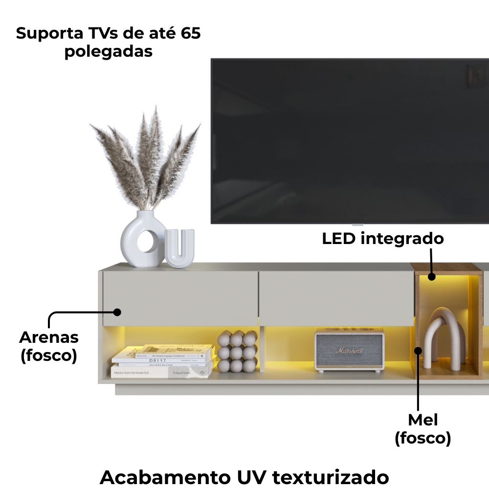 Rack Moderno Com LED 03 Gavetas 180cm Mel Arenas PRODDY