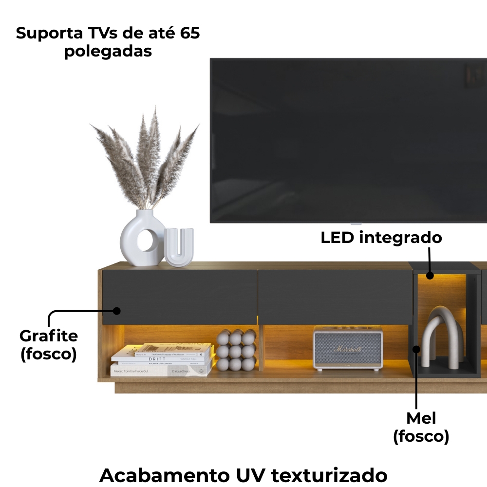 Rack Moderno Com LED 03 Gavetas 180cm Mel Grafite PRODDY
