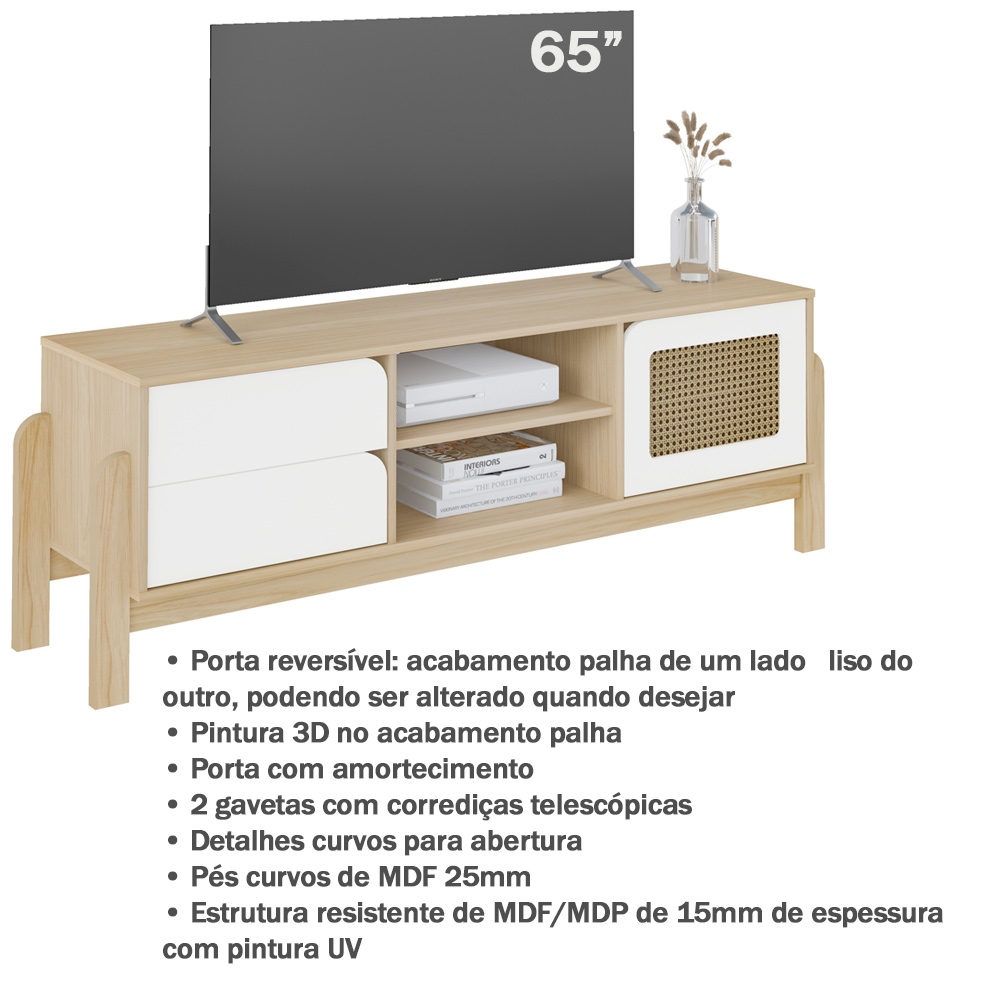 Rack Para Sala Tv 65 Pol 160 cm 4606 Naturale Branco ARLY