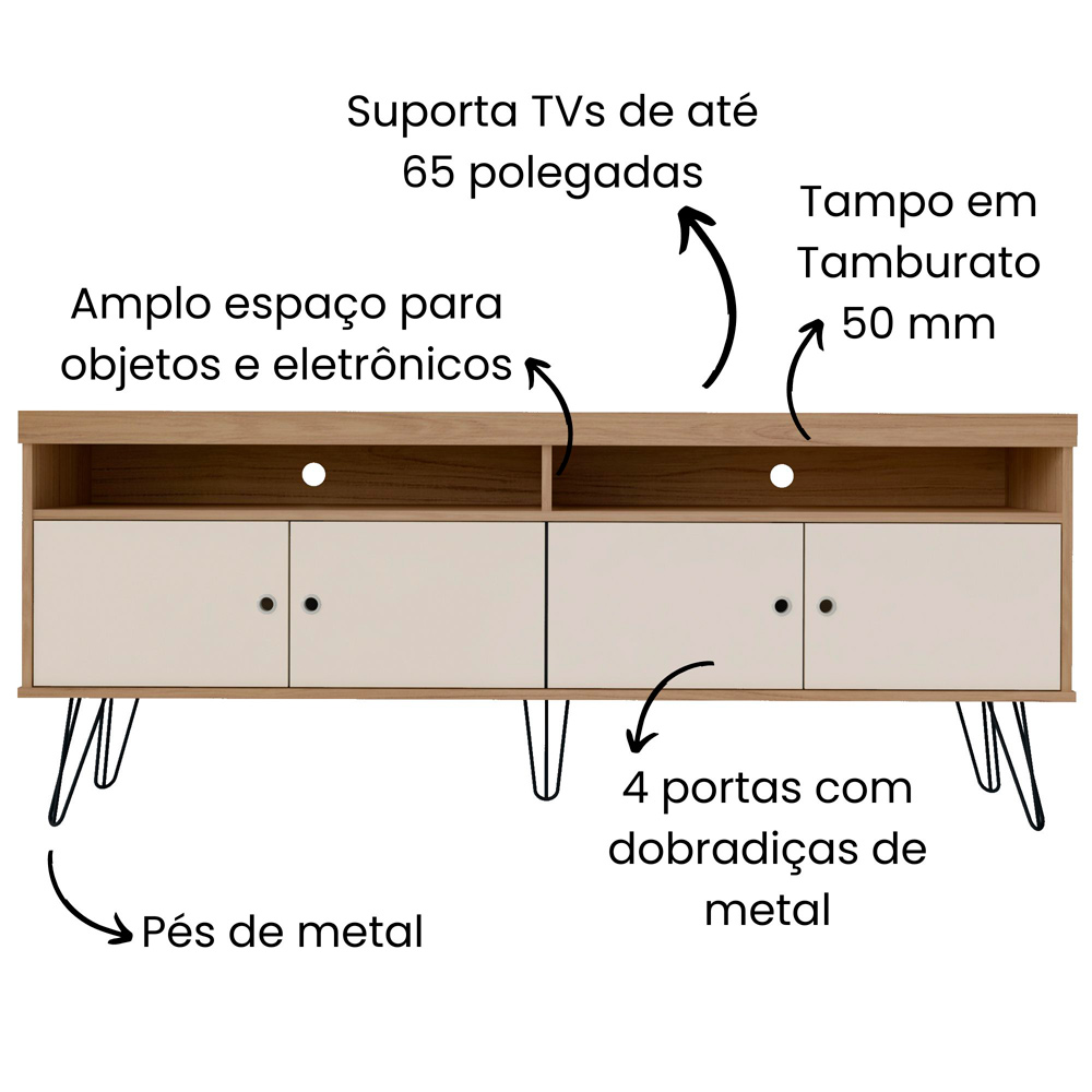 Rack Para Sala de Tv 75 Pol 160 cm 4217 Carvalho Off White ARLY