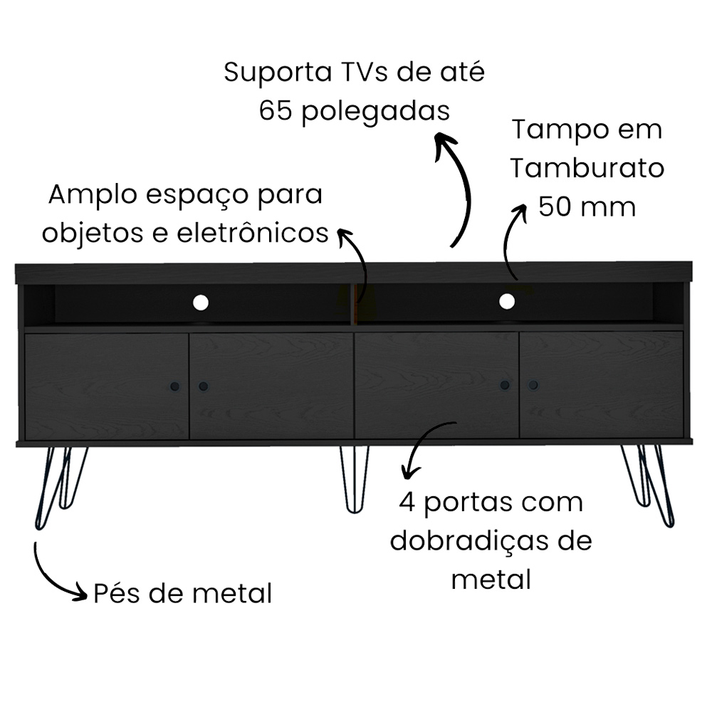 Rack Para Sala de Tv 75 Pol 160 cm 4609 Preto ARLY