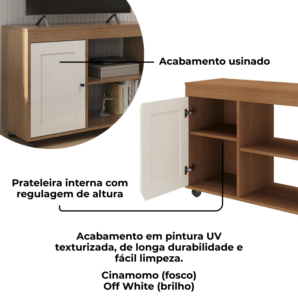 Rack Para TV 42 Pol 1P 91 cm Com Rodízios Cinamomo Off White ARLY