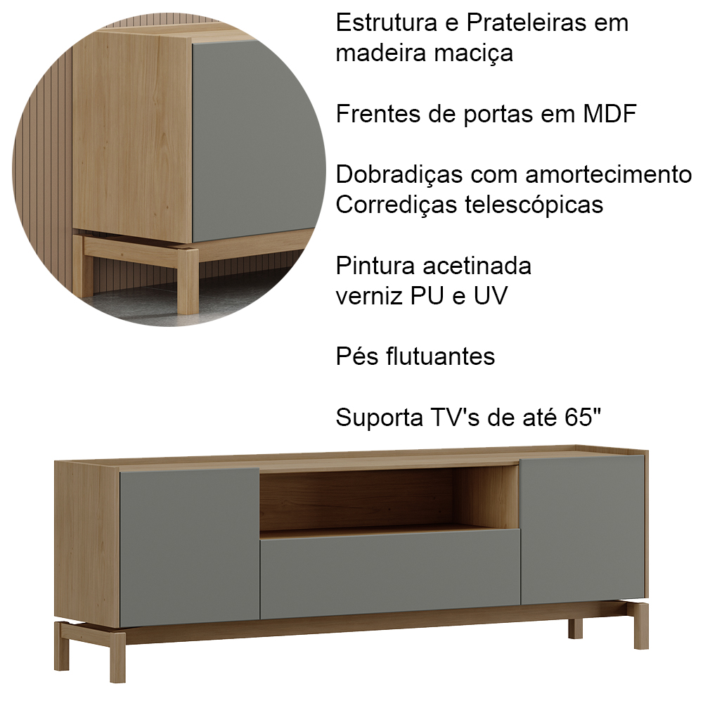 Rack Para TV 65 Polegadas 2P 1G 180 cm 2154 Oak Ferrolack Milani Store