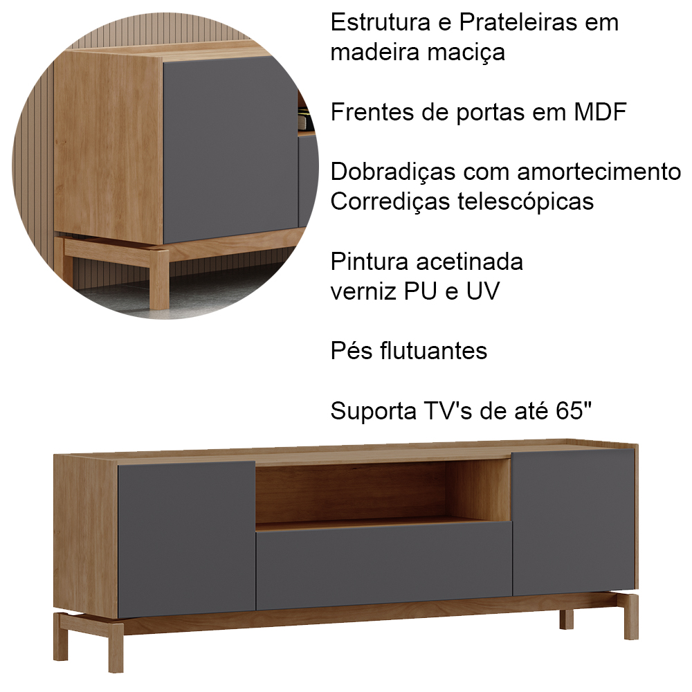 Rack Para TV 65 Polegadas 2P 1G 180 cm 2154 Tauari Concret Milani Store