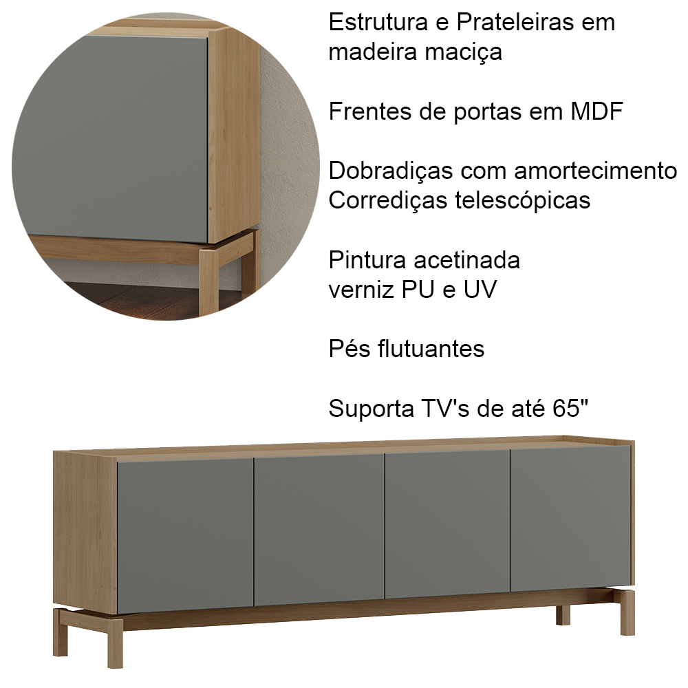 Rack Para TV 65 Polegadas 2P 2G 180 cm 2153 Oak Ferrolack Milani Store