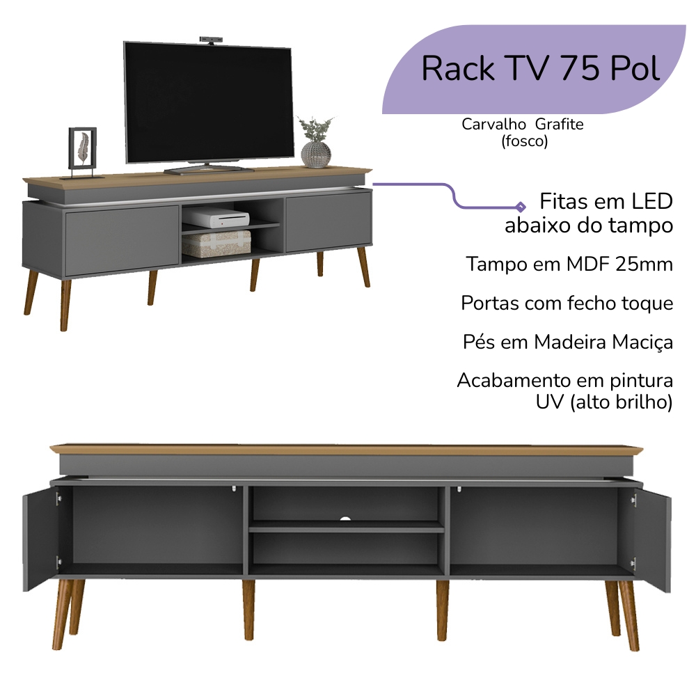 Rack Para TV 75 POL 2 Portas 180 cm 4378 Carvalho Grafite ARLY