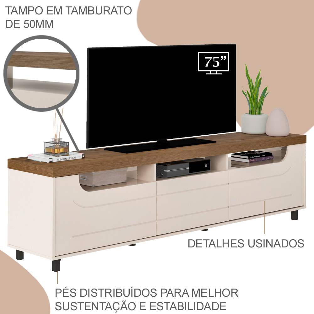 Rack Sala de Estar Tv 75 Pol 200 cm 4441 Pinho Off White ARLY
