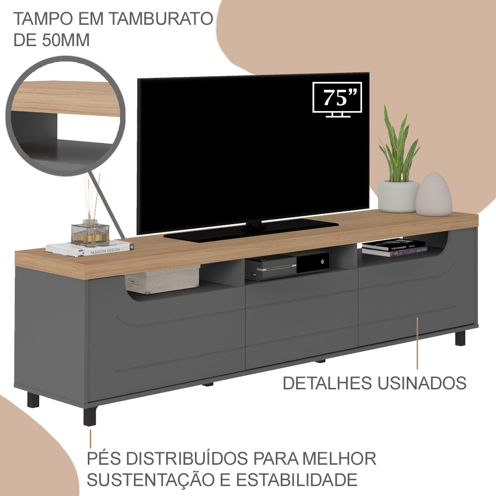 Rack Sala de Estar Tv 75 Pol 200 cm 4442 Carvalho Grafite ARLY