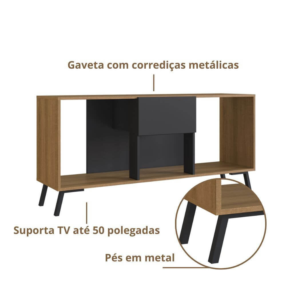 Rack TV 50 Polegadas 01 Gaveta 136cm Preto Mel PRODDY