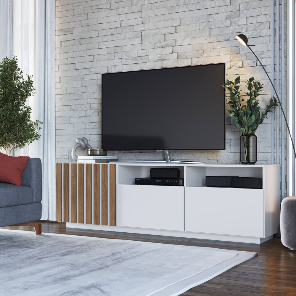 Rack TV 65 Polegadas 03 Portas 180cm Branco Mel PRODDY