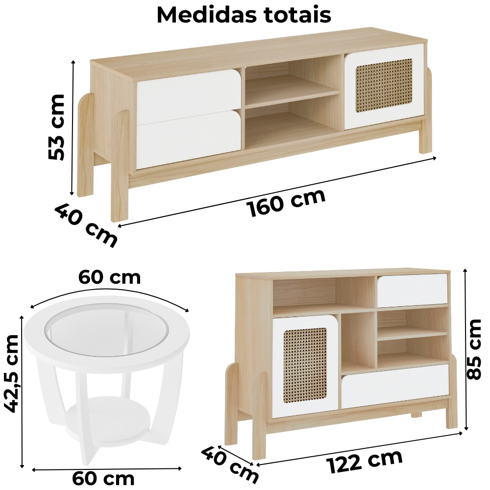Rack Tv 65 Pol Buffet e Mesa De Centro Branco Naturale ARLY
