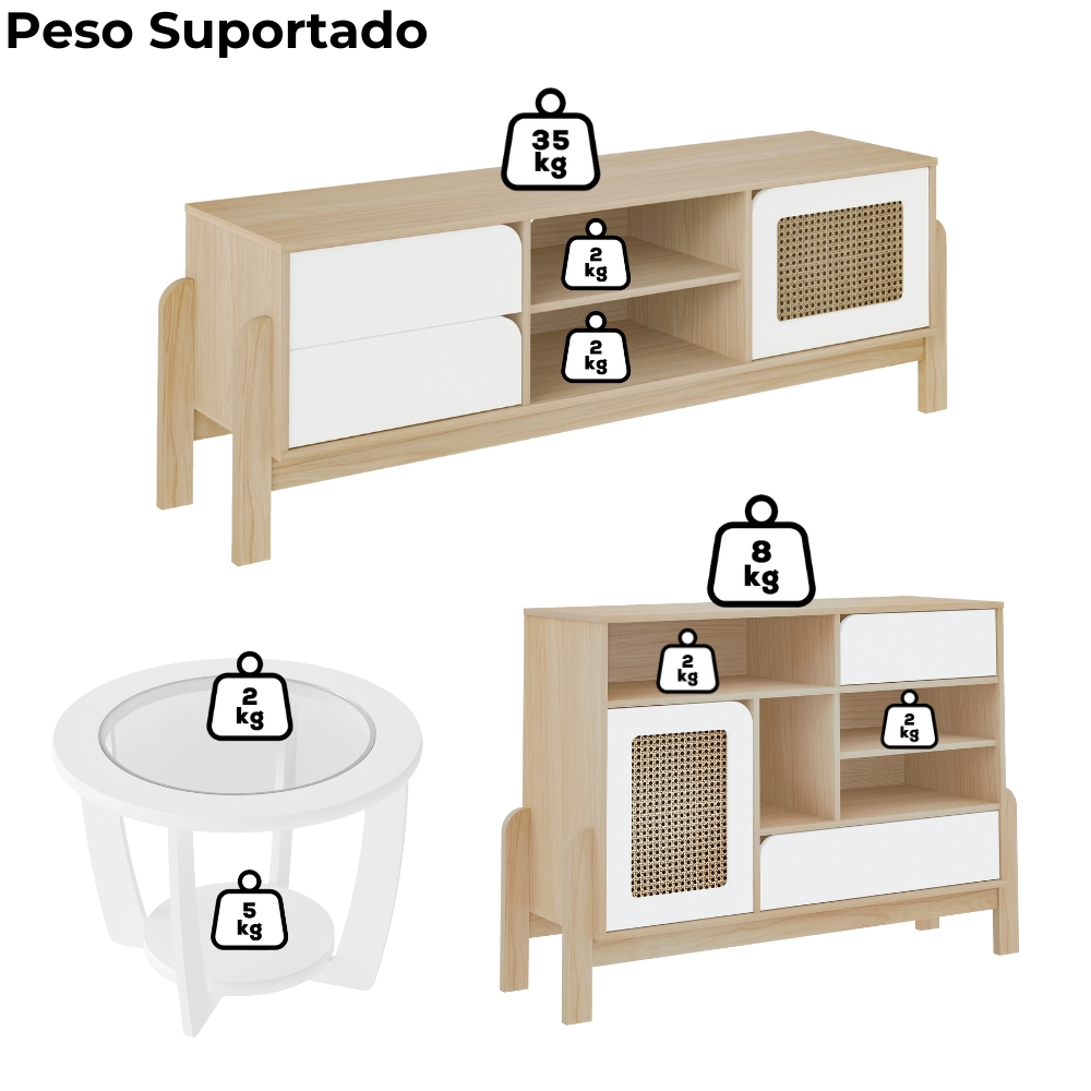 Rack Tv 65 Pol Buffet e Mesa De Centro Branco Naturale ARLY