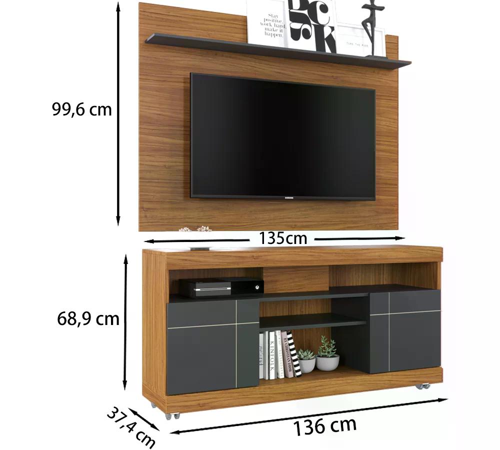 Rack Yara E Painel Maia Para TV 55 Polegadas Noce Milano Preto CLB